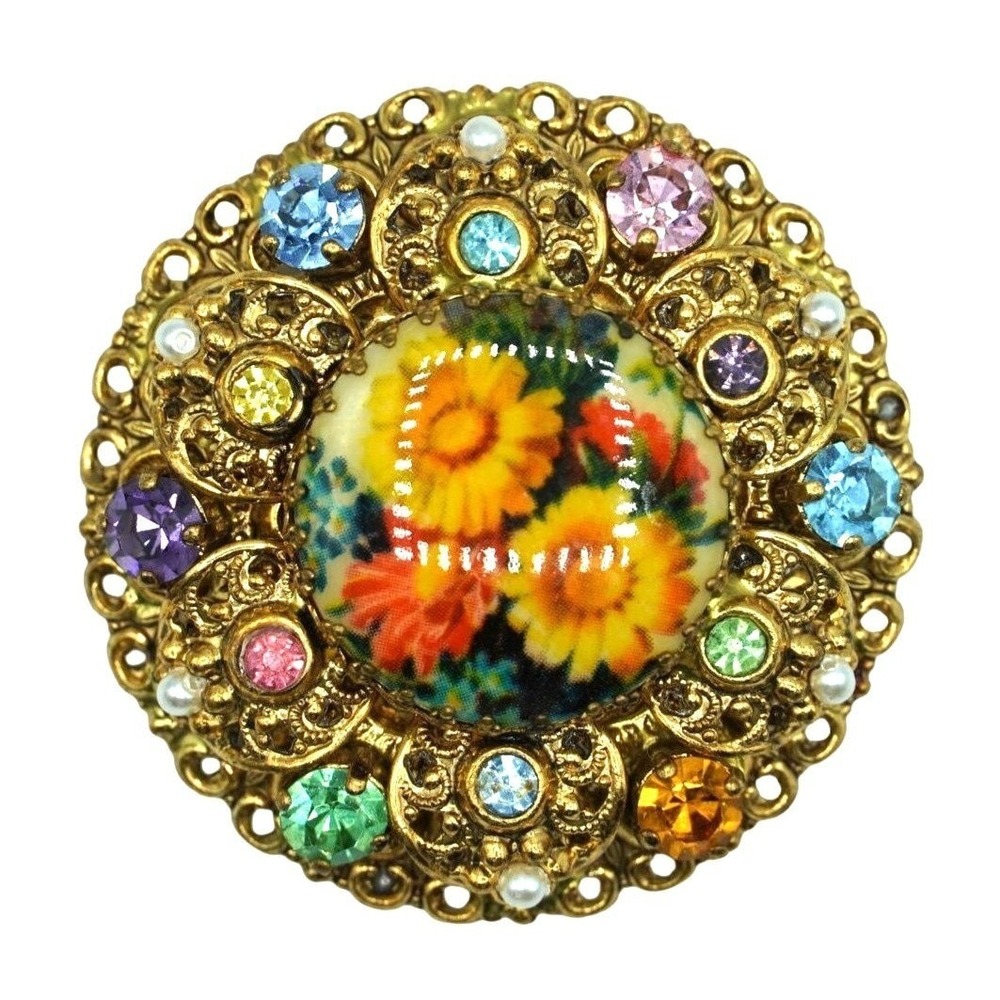 West Germany Brooch‎ Pastel Rhinestones Floral Cabochon Costume Jewelry Vintage